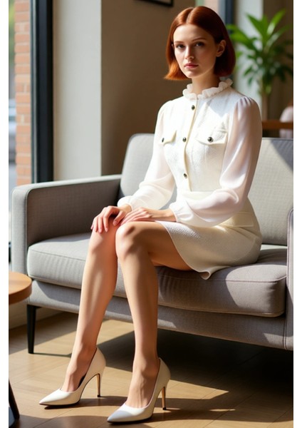 Kadın Ekru Skater Kısa Elbise Dik Yaka Balon Kol Dokuma Tüvit Detaylı Kışlık Şık Kombin Kaliteli