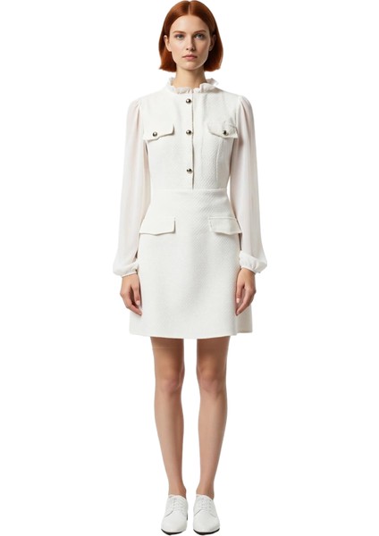 Kadın Ekru Skater Kısa Elbise Dik Yaka Balon Kol Dokuma Tüvit Detaylı Kışlık Şık Kombin Kaliteli fiyatları