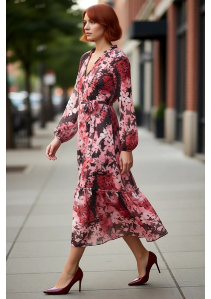 Kadın Çok Renkli Etnik Şal Desenli Midi Dokuma Elbise V Yaka Kuşaklı A Kesim Astarlı Uzun Kollu