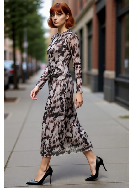 Kadın Kahverengi Soyut Desenli Büzgü Detaylı A Line Maxi Örme Elbise Kışa Özel Şıklık. Kaliteli