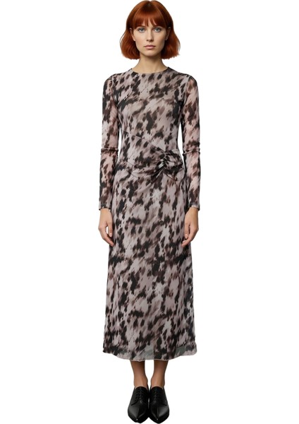 Kadın Kahverengi Soyut Desenli Büzgü Detaylı A Line Maxi Örme Elbise Kışa Özel Şıklık. Kaliteli modelleri