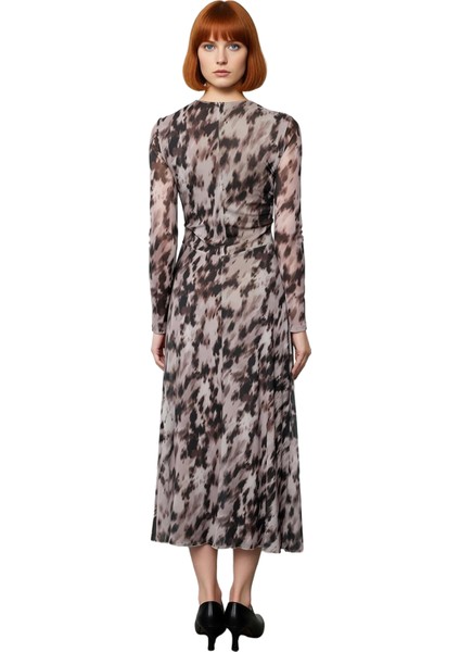 Kadın Kahverengi Soyut Desenli Büzgü Detaylı A Line Maxi Örme Elbise Kışa Özel Şıklık. Kaliteli fırsatları