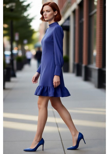 Kadın Lacivert A Kesim Dokuma Mini Elbise Uzun Balon Kollu Dik Yaka Iş ve Özel Davetler Için Zarif
