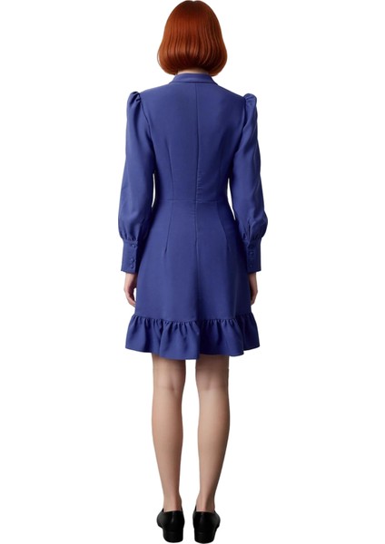 Kadın Lacivert A Kesim Dokuma Mini Elbise Uzun Balon Kollu Dik Yaka Iş ve Özel Davetler Için Zarif fırsatları