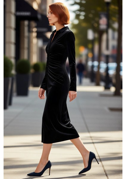Kadın Siyah Kadife Bodycon Midi Elbise Polo Yaka Uzun Kollu Büzgülü Modern Kış Şıklığı Kaliteli