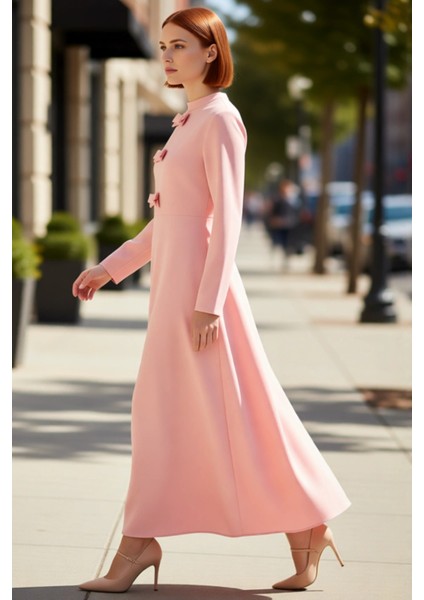 Kadın Maxi Boy Dokuma Düz Desen Kurdele Detaylı Skater Siluet Standart Kol Şık Elbise Kaliteli