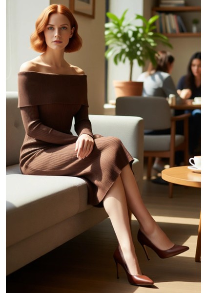 Kadın Düz Desen Midi Boy Triko Carmen Yaka Uzun Kollu Shift Kalıp Zarif Elbiseleri Kaliteli