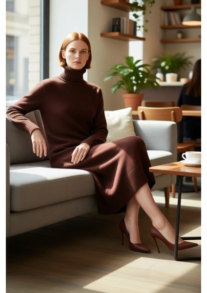 Kadınlara Özel Düz Desen Balıkçı Yaka Midi Triko Elbise Kış Aylarının Rahat ve Şık Seçimi Kaliteli fiyatları