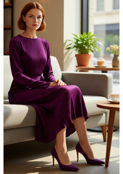 Kadın Mor Pilise Örme Kuşaklı Midi Elbise Kayık Yaka Uzun Kollu Şık Shift Kalıp Tasarım Seçeneği fiyatları