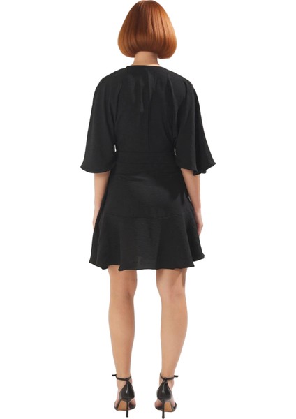 Kadın Siyah Skater Kalıp Kruvaze V Yaka Kuşaklı Mini Dokuma Elbise Şık Bahar Yaz Kombinleri Için fırsatları