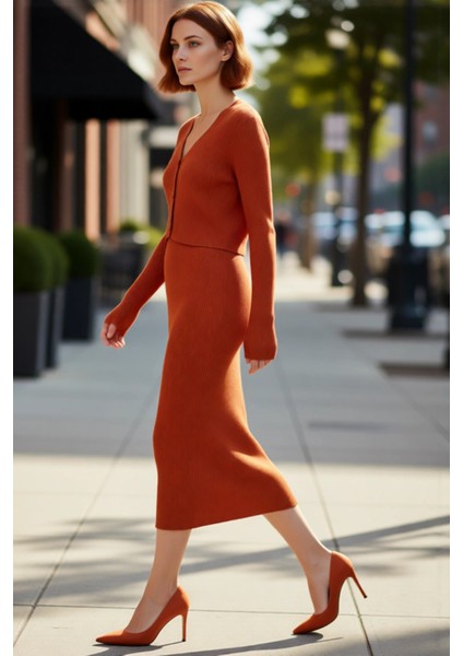 Kadın Bodycon Düz Triko Midi Elbise Uzun Kollu V Yaka Günlük Şık ve Rahat Kombinler Için Kaliteli