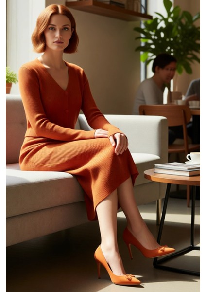 Kadın Bodycon Düz Triko Midi Elbise Uzun Kollu V Yaka Günlük Şık ve Rahat Kombinler Için Kaliteli fiyatları