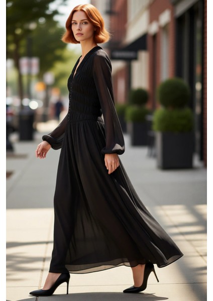 Kadın Siyah Şifon Dokuma Maxi Elbise Büzgü Detaylı V Yaka Astarlı Skater Kalıp Kışlık Şıklık