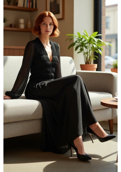 Kadın Siyah Şifon Dokuma Maxi Elbise Büzgü Detaylı V Yaka Astarlı Skater Kalıp Kışlık Şıklık fiyatları