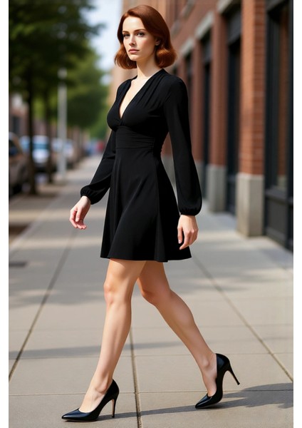 Kadın Skater V Yaka Uzun Kollu Düz Elbise Polyester Karışımlı Ilkbahar Sonbahar Şıklığı Kaliteli