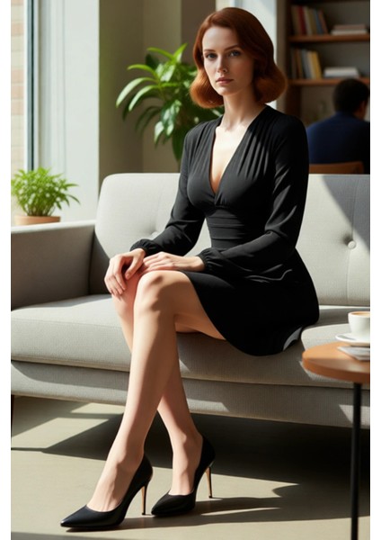 Kadın Skater V Yaka Uzun Kollu Düz Elbise Polyester Karışımlı Ilkbahar Sonbahar Şıklığı Kaliteli fiyatları