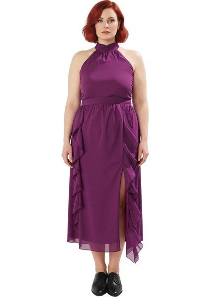 Kadın Büyük Beden Halter Yaka Kolsuz Maxi A Line Şifon Elbise Fırfır Detaylı Özel Davetler Için modelleri