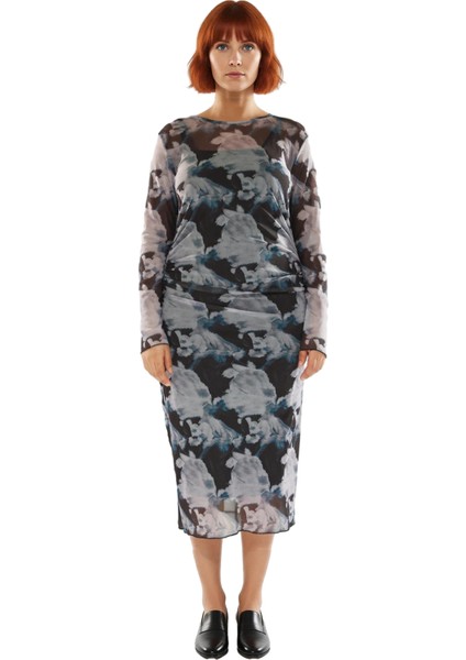 Kadınlara Özel Bodycon Fit Midi Elbise Tül Detaylı Uzun Kol Örme Kumaş Ilkbahar Sonbahar Şıklığı modelleri