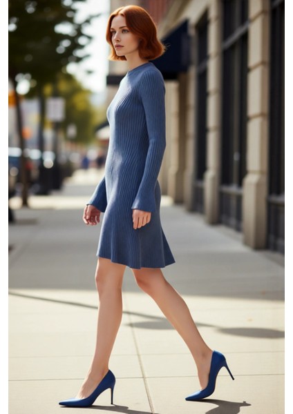 Kadınlar Için Kışlık Gri A Line Kesim Fitilli Triko Mini Elbise Bisiklet Yaka Uzun Kollu Şıklık