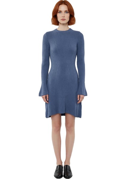 Kadınlar Için Kışlık Gri A Line Kesim Fitilli Triko Mini Elbise Bisiklet Yaka Uzun Kollu Şıklık modelleri