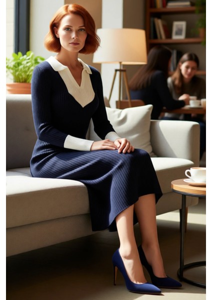 Kadın Triko Midi Elbise Bodycon Kesimli Uzun Kollu Polo Yaka Tasarımı Renk Bloklu Şık ve Modern