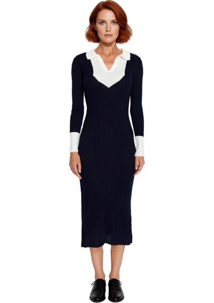 Kadın Triko Midi Elbise Bodycon Kesimli Uzun Kollu Polo Yaka Tasarımı Renk Bloklu Şık ve Modern fiyatları