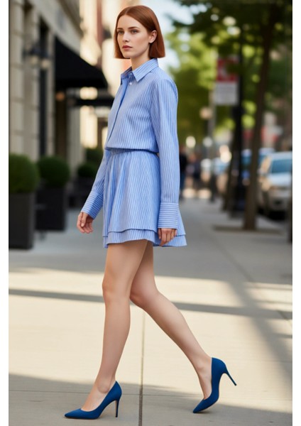 Kadın Mavi Çizgili Poplin Dokuma Gömlek Elbise Düşük Uzun Kol Bel Lastikli Yazlık Şık Kombin fırsatları