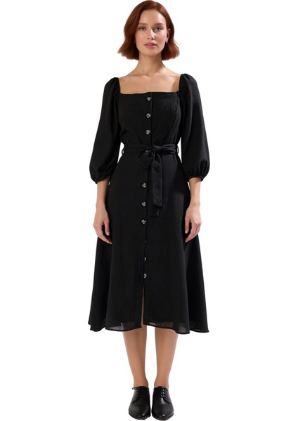 Kadın Ilkbahar Sonbahar Kuşaklı Kare Yaka Midi Boy Dokuma Truvakar Balon Kol Elbise Kaliteli fiyatları