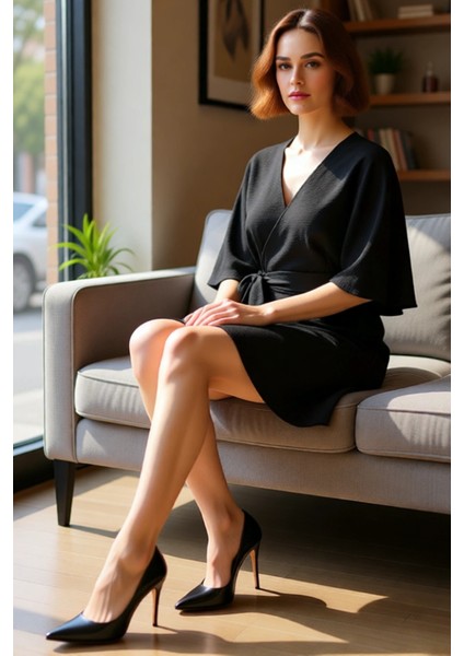 Kadın Şık Siyah V Yaka Kuşaklı Dokuma Mini Elbise Skater Kalıp Truvakar Kol Gündüz Gece Için