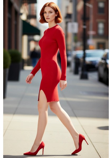 Kadın Triko Bodycon Uzun Kollu Mini Elbise Bisiklet Yaka Tasarım Ilkbahar Sonbahar Şıklığı