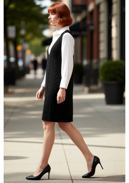 Kadın Antrasit Saç Örgü V Yaka Kolsuz Triko Jile Elbise Ilkbahar Sonbahar Günlük Şıklık Kaliteli