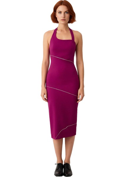 Kadın Vücudu Saran Bodycon Midi Elbise Kalın Askılı Kare Yaka Taş Detaylı Şık Gece Kokteyl modelleri