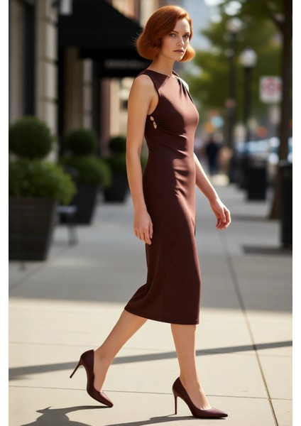 Kadın Bodycon Kesim Midi Asimetrik Yaka Aksesuar Detaylı Şık Örme Kokteyl ve Gece Elbisesi