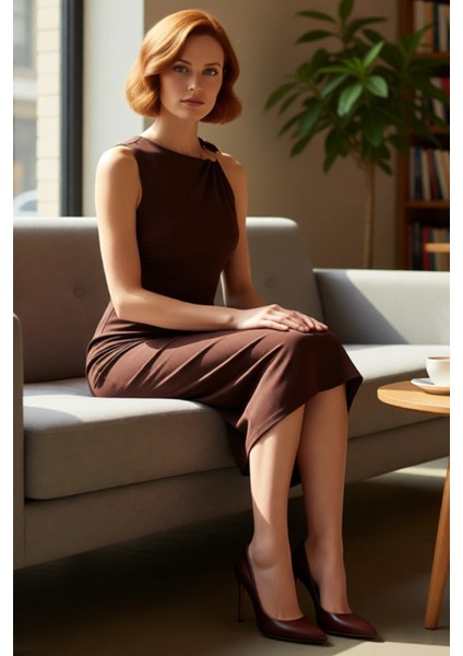 Kadın Bodycon Kesim Midi Asimetrik Yaka Aksesuar Detaylı Şık Örme Kokteyl ve Gece Elbisesi fiyatları