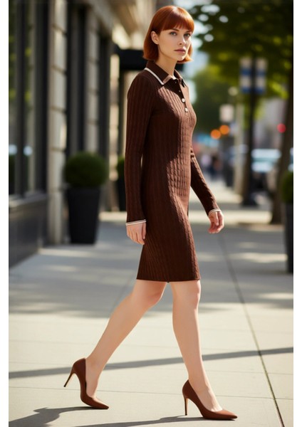 Kadın Kahverengi Akrilik Polo Yaka Bodycon Triko Mini Elbise Rahat Kış Günleri Için Şık Seçim