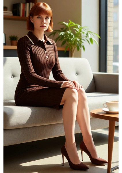 Kadın Kahverengi Akrilik Polo Yaka Bodycon Triko Mini Elbise Rahat Kış Günleri Için Şık Seçim fiyatları