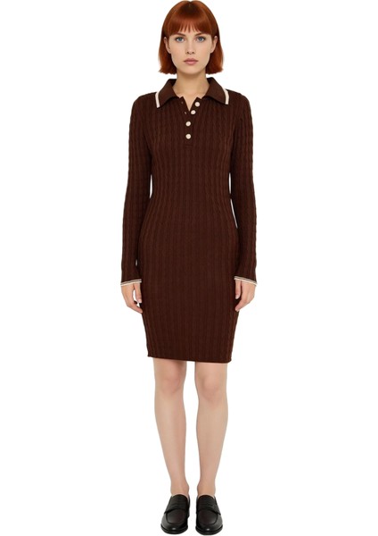 Kadın Kahverengi Akrilik Polo Yaka Bodycon Triko Mini Elbise Rahat Kış Günleri Için Şık Seçim modelleri