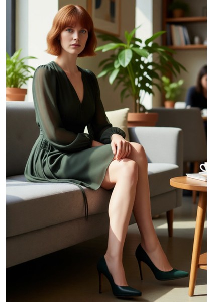 Kadın Düğmeli Haki V Yaka Balon Kollu Astarlı Skater Mini Elbise Günlük ve Özel Kombinler Için Ideal fiyatları