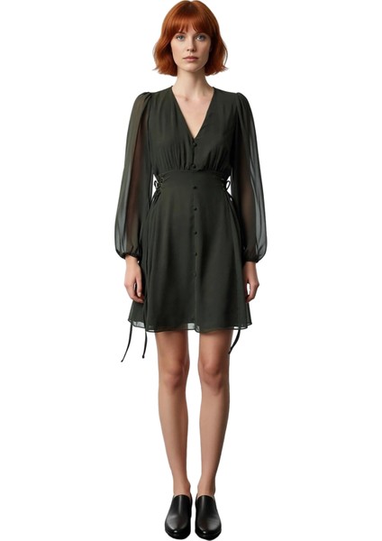 Kadın Düğmeli Haki V Yaka Balon Kollu Astarlı Skater Mini Elbise Günlük ve Özel Kombinler Için Ideal modelleri