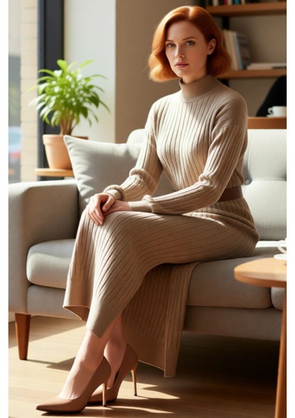 Kadın Şık Düz Shift Kalıp Düşük Kol Dik Yaka Kemerli Maxi Yırtmaç Detaylı Kışlık Triko Elbise fiyatları