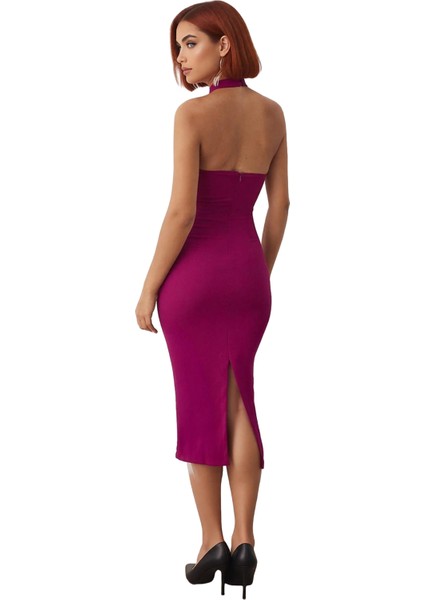 Kadın Vücudu Saran Bodycon Midi Elbise Kalın Askılı Kare Yaka Taş Detaylı Şık Gece Kokteyl fırsatları