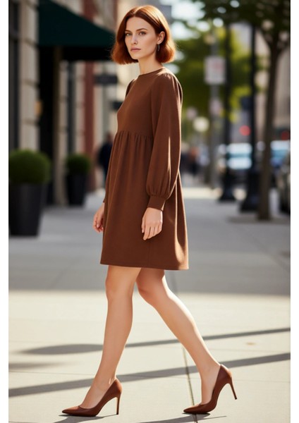 Kadın Kahverengi A Kesim Bürümcük Dokulu Balon Kol Bisiklet Yaka Uzun Kollu Mini Elbise Günlük