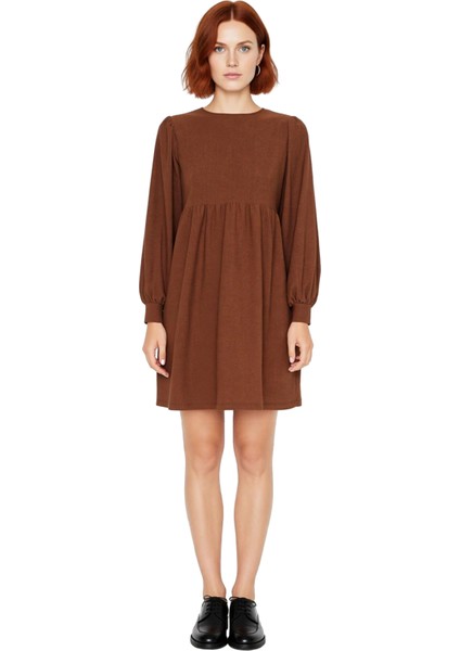 Kadın Kahverengi A Kesim Bürümcük Dokulu Balon Kol Bisiklet Yaka Uzun Kollu Mini Elbise Günlük modelleri