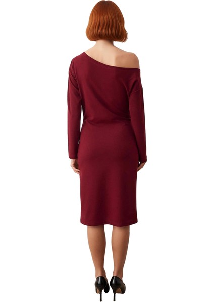 Kadın Midi Boy Asimetrik Kayık Yaka Bodycon Uzun Kollu Scuba Krep Örme Elbise Şık Kışlık Giyim fırsatları