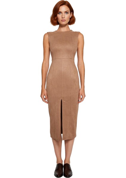 Kadınlara Özel Smart Bodycon Süet Dokuma Midi Elbise Kolsuz Şık Tasarımıyla Gündüzden Geceye. modelleri