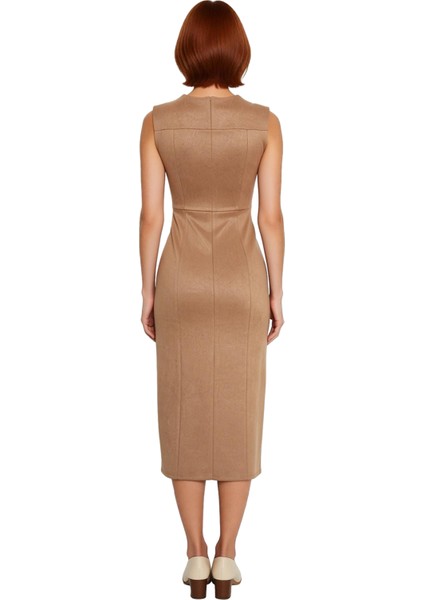 Kadınlara Özel Smart Bodycon Süet Dokuma Midi Elbise Kolsuz Şık Tasarımıyla Gündüzden Geceye. fırsatları