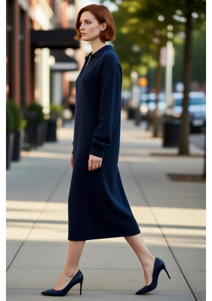 Kadın Shift Kalıp Midi Boy Polo Yaka Triko Elbise Günlük Rahat Uzun Düşük Kollu Kışlık Şık Tasarım