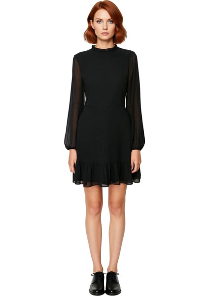 Kadın A Kesim Fırfır Detaylı Dik Yaka Mini Şifon Dokuma Astarlı Uzun Kol Elbise Modern Şıklık modelleri