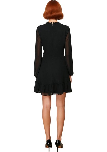 Kadın A Kesim Fırfır Detaylı Dik Yaka Mini Şifon Dokuma Astarlı Uzun Kol Elbise Modern Şıklık fırsatları