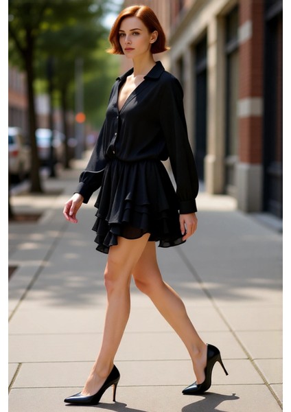 Kadın Siyah Şifon Gömlek Yaka Mini Elbise Düşük Kol Detaylı Günlük Kullanım Için Ideal Kışlık